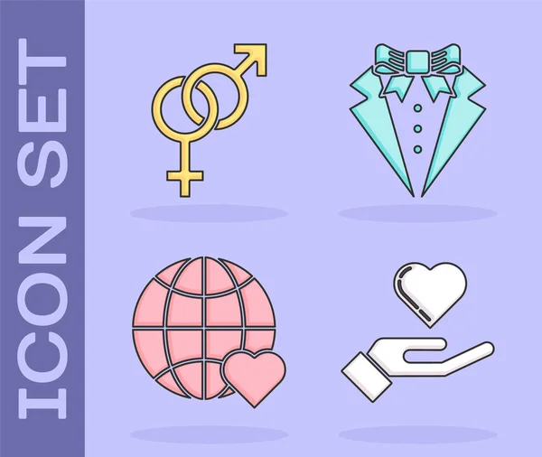 Conjunto de corazón en la mano, Género, El amor mundo del corazón y el icono del traje. Vector — Vector de stock