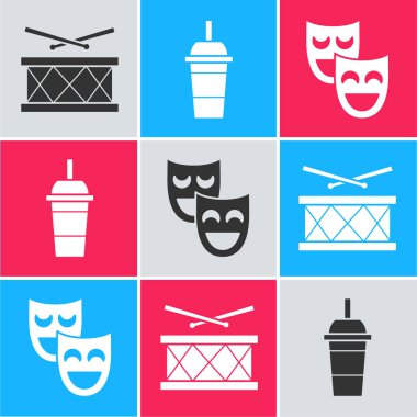 Davulları bagetlerle, kağıt bardakları pipetle, suyla ve komedi maske ikonuyla ayarla. Vektör