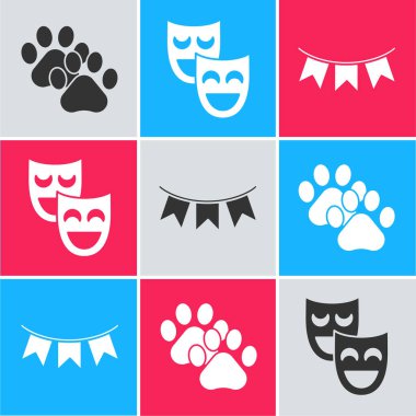 Paw baskısı, komedi teatral maskeler ve bayrak ikonlu karnaval çelengi. Vektör