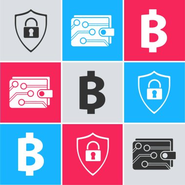 Kalkan güvenliğini kilit, kripto para cüzdanı ve Bitcoin para ikonu ile ayarla. Vektör