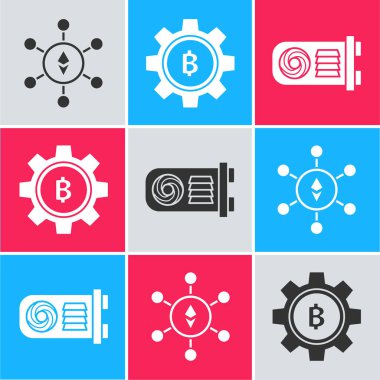 Blockchain teknolojisi Ethereum Eth, Crypto döviz parası Bitcoin ve Maden ikonu ayarla. Vektör