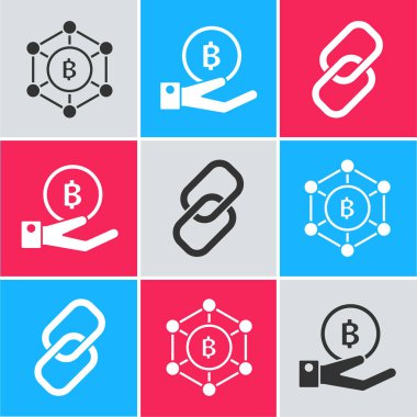 Blockchain teknolojisi Bitcoin, Hand holding Bitcoin ve Chain link simgesini ayarla. Vektör