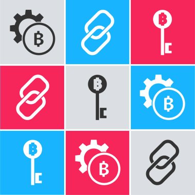 Şifreli para Bitcoin, zincir linki ve Kripto para birimi Bitcoin anahtar simgesini ayarla. Vektör