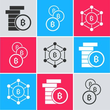 Kripto para Bitcoin, Kripto para Bitcoin ve Blockchain teknolojisi Bitcoin simgesini ayarla. Vektör
