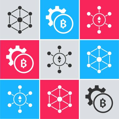 Blockchain teknolojisi, Crypto para birimi Bitcoin ve Blockchain teknolojisi Ethereum Eth simgesini ayarla. Vektör
