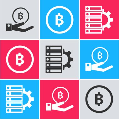 El ele tutuşan Bitcoin, Kripto para Bitcoin ve Sunucu ve vites simgesini ayarla. Vektör