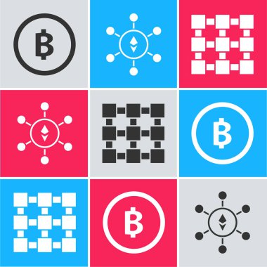 Şifreli para Bitcoin, Blokchain teknolojisi Ethereum Eth ve Blockchain teknoloji simgesini ayarla. Vektör