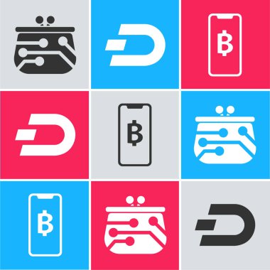 Kripto para birimi cüzdanı, Kripto para birimi Dash ve Telefon mobil ve kripto para birimi Bitcoin simgesini ayarla. Vektör