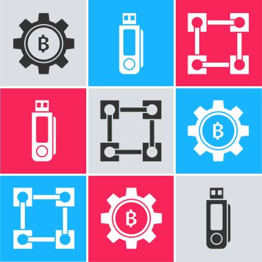 Şifreli para Bitcoin, Usb flash diski ve Blockchain teknoloji simgesini ayarla. Vektör