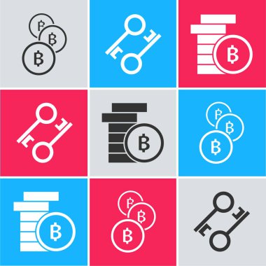 Kripto para Bitcoin, Kripto para anahtarı ve Kripto para birimi simgesini ayarla. Vektör