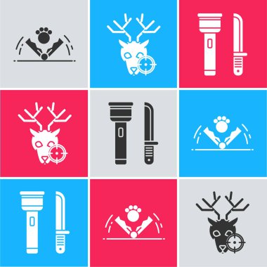 Tuzak avına çıkın, geyikleri hedef alın. El feneri ve bıçak ikonuyla. Vektör