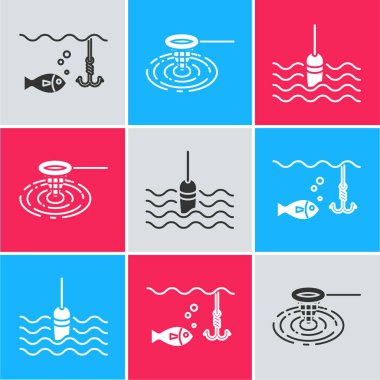 Balık oltasını balıkla suya daldır, balık ağını suya sok ve balıkçı teknesinde yüzdür. Vektör