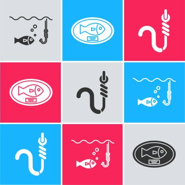 Balıkçılık kancasını balıkla suya daldır, balık kupasını tahtaya as ve olta kancası ve solucan ikonuyla. Vektör