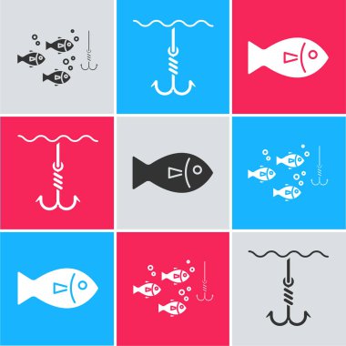 Balık oltasını balıkla suya, oltayı suyun altına ve balık ikonuyla tut. Vektör