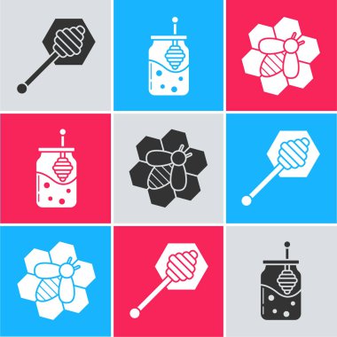 Bal kozalağı çubuğu, bal kavanozu ve bal kovanı çubuğu ve bal peteği ve bal peteği ikonu hazırla. Vektör