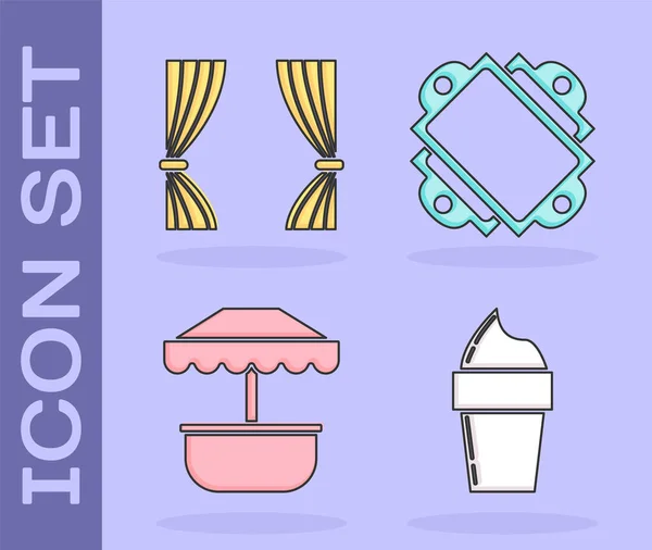 Set glass i våffla kon, gardin, attraktion karusell och biljett ikon. Vektor — Stock vektor