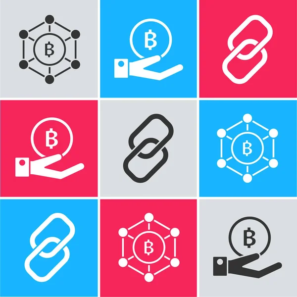 Blockchain teknolojisi Bitcoin, Hand holding Bitcoin ve Chain link simgesini ayarla. Vektör