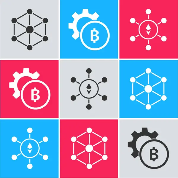 Blockchain teknolojisi, Crypto para birimi Bitcoin ve Blockchain teknolojisi Ethereum Eth simgesini ayarla. Vektör