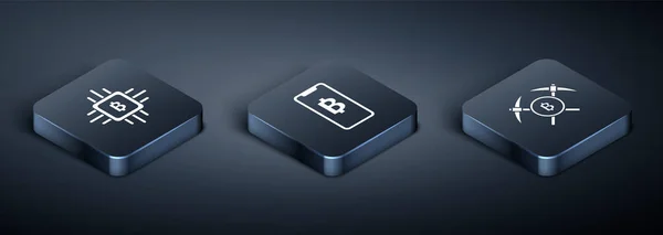 Isometric Cpu madencilik çiftliğini, çapraz kazma ve telefon cep telefonunu ve şifreli para birimi Bitcoin simgesini ayarla. Vektör