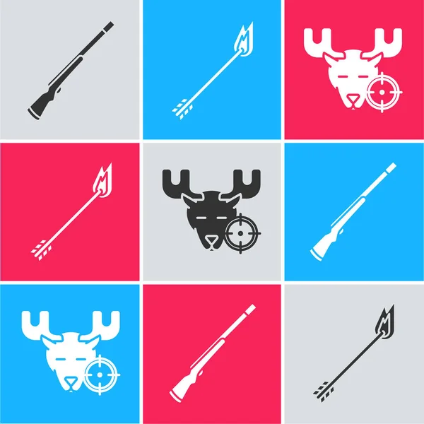 Set Hunting gun, Flame arrow and Hunt on moose with crosshairs icon. Vector — Stock Vector