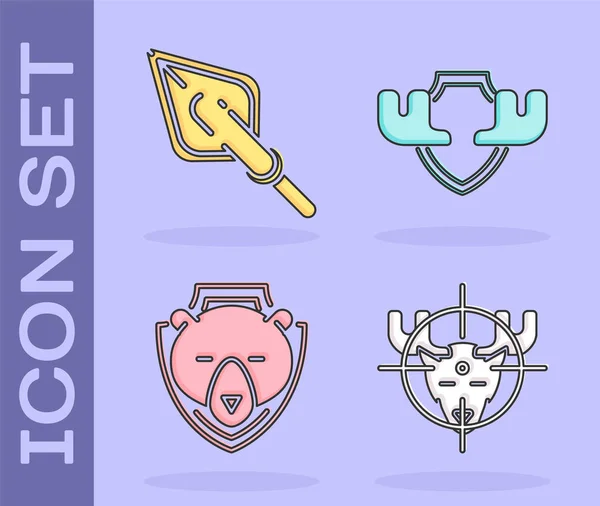 Set Hunt on moose with crosshairs, Hipster arrow tip, Bear head on shield and Moose horns on shield icon. Vector — Stock Vector