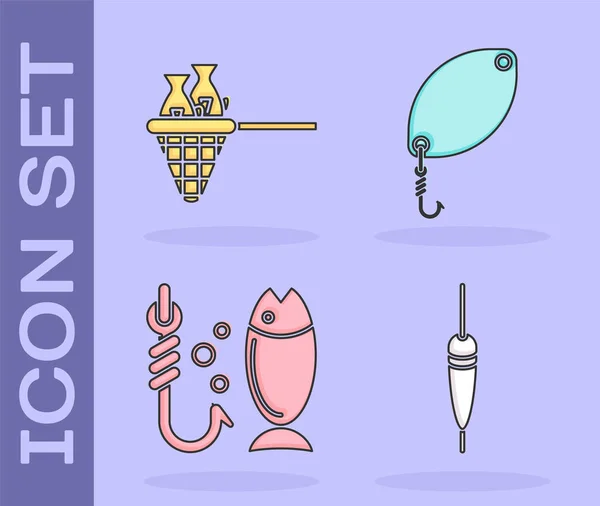 Set Flotteur de pêche, Filet de pêche avec poisson, Pêche et icône de cuillère de pêche. Vecteur — Image vectorielle