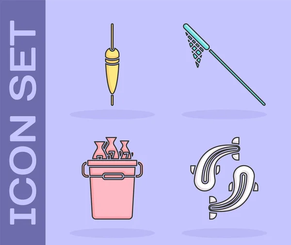 Set Fish, Fishing float, Fishing bucket with fishes and Fishing net icon. Vector — 스톡 벡터