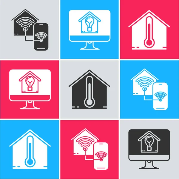 Conjunto de hogar inteligente con wi-fi, monitor de ordenador con casa inteligente y bombilla y el icono de temperatura de la casa. Vector — Vector de stock