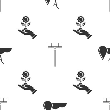 Sulama filizi, bahçe tırmığı ve el, çiçekleri pürüzsüz bir şekilde tutuyor. Vektör