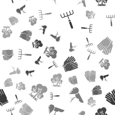 Bahçe tırmığı, sulama filizi, bahçe eldivenleri ve ağaçlar pürüzsüz desenli. Vektör