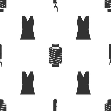 Kesme aletini ayarla, dikiş ipliğini makaraya geçir ve kadının elbisesi pürüzsüz olsun. Vektör