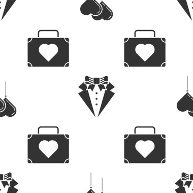 Balonları kalp şeklinde kurdele, takım elbise ve bavul ile temiz bir kalple seyahat için ayarlayın. Vektör