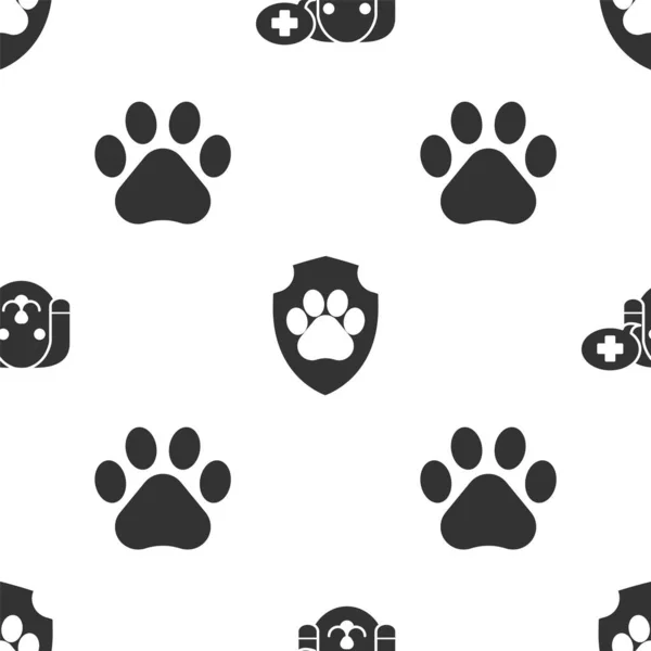 Set Veterinary clinic symbol, Animal health insurance and Paw print on seamless pattern. Vector — Stock Vector