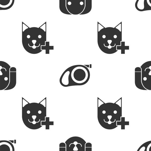 Set Dog, Retractable cord leash with carabiner and Veterinary clinic symbol on seamless pattern. Vector — 스톡 벡터