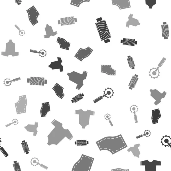 Conjunto de hilo de coser en carrete, patrón de costura, herramienta de corte y ropa de bebé en patrón sin costura. Vector — Archivo Imágenes Vectoriales