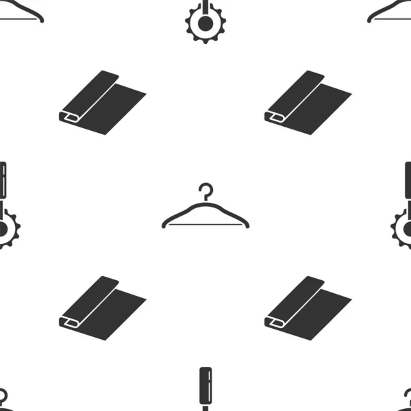 Definir ferramenta de corte, guarda-roupa de cabide e rolo de tecido têxtil no padrão sem costura. Vetor — Vetor de Stock