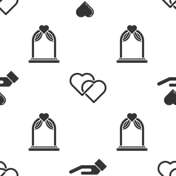 Set Heart on hand, Two Linked Hearts and Wedding arch on seamless pattern. Vector — 스톡 벡터