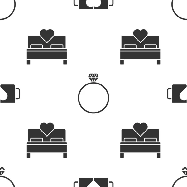 Set Two coffee cup and heart, Diamond engagement ring and Bedroom on seamless pattern. Vector — 스톡 벡터
