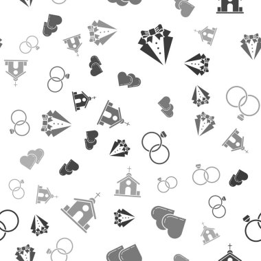 Takım Elbise, İki Bağlı Kalp, Alyanslar ve Kilise binası kusursuz desenli. Vektör