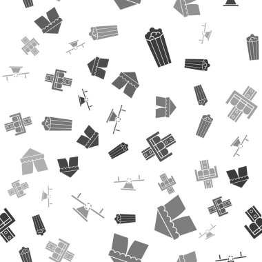 Patlamış mısırı karton kutuya, sirk çadırına, atlıkarıncaya ve tahterevalliyi pürüzsüz desene ayarlayın. Vektör