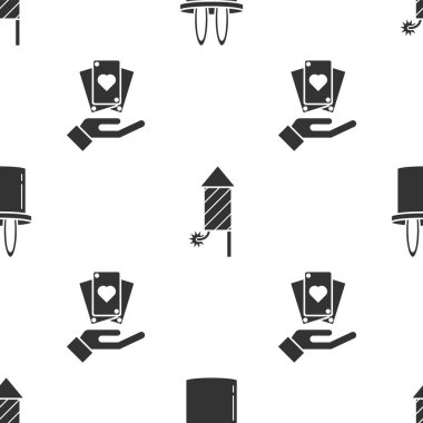 Sihirbaz şapkası, tavşan kulağı, havai fişek roketi ve el, düz desenli iskambil kağıtları. Vektör