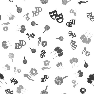 Komedi teatral maskeler, lolipop, kurdeleli balonlar ve el kartları, kusursuz desenli. Vektör