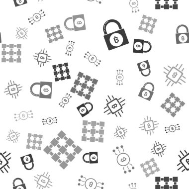 Kilidi bitcoin ile ayarla, Kripto para bitcoin mikroçip devresi ile daire içine al, Cpu madencilik çiftliği ve engelleme zinciri teknolojisi kusursuz desen. Vektör