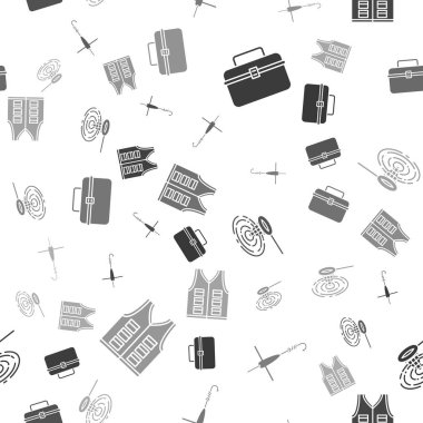 Çanta ya da konteynırı sallanan balık ekipmanları, olta ve yüzen balık oltası, suda balık ağı ve pürüzsüz desenli balıkçı ceketi için ayarla. Vektör