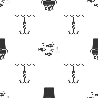 Balık kovasını balıklarla, oltayı balıklarla, oltayı balıklarla ve oltayı da suyun altında kusursuz bir şablonla hazırla. Vektör