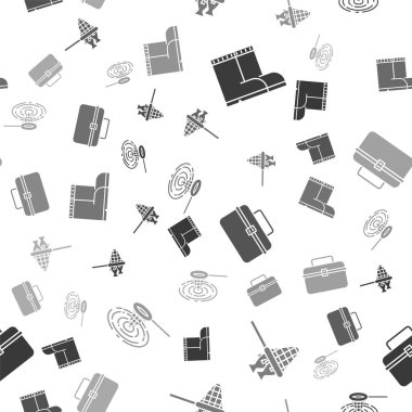 Balıkçı botları, balık ağları, çanta ya da kutu konteynırları sallanan balıklar ve balıkçılık ekipmanları ve balıkçı ağları için kusursuz desenli suya koyun. Vektör