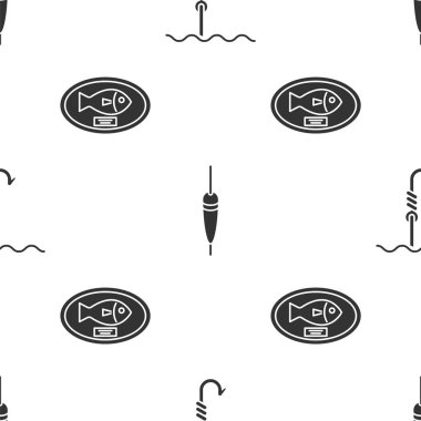 Suyun altına balıkçı kancası, sörf tahtasına asılı balık yüzgeci ve balık kupası yerleştirin. Vektör