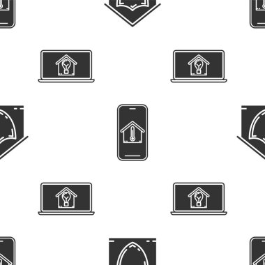 House 'u koruma altına al, cep telefonunu ev sıcaklığında kullan ve akıllı evli dizüstü bilgisayarı ve ampulü kusursuz desenli olsun. Vektör