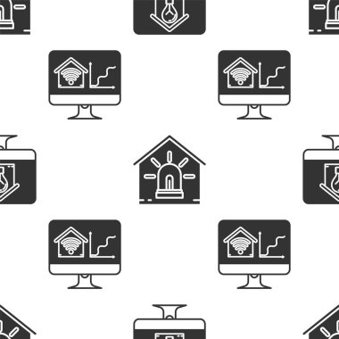 Bilgisayar monitörünü akıllı ev, ampul, akıllı ev ve alarm ve bilgisayar monitörü ile donanımlı kablosuz şablona sahip akıllı ev ile ayarla. Vektör