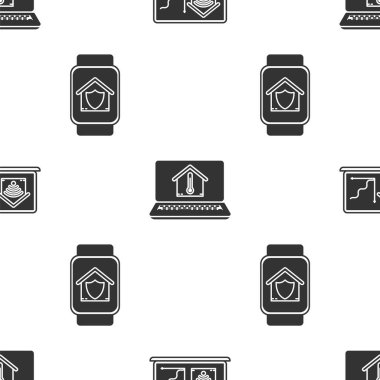Laptop 'u akıllı evle kablosuz ağ, laptop' ı ev sıcaklığında ve Smart watch 'ı ev koruması altında, kusursuz şablona ayarlayın. Vektör
